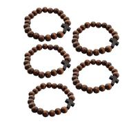 ORFOFE 5 Piezas Pulsera Cruz Madera Brazaletes Elásticos de Cuentas Redondas Naturales Joyería Cristiana Unisex para Grupo y Regalo Religioso