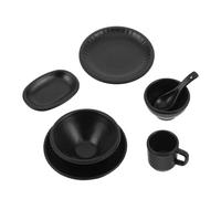 ORFOFE 7 Piezas Miniature Japanese-Style Alloy Dinnerware Set with Vertical Stripe Pattern Plates Bowls Mugs For Dollhouse Pretend Play and Micro Landscape Decoration