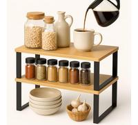 Organizador armario y cocina | Juego de 2 estanterías de madera y metal | Estante para especias apilable y extensible | Estantería de almacenamiento versátil para hogar y oficina (Natural + Negro)