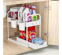 Organizador Cocina 2 Niveles, Deslizable bajo Fregadero, Extraíble Estante Almacenamiento Debajo con 8 Ganchos y 4 Cesta Colgante para Cajones, Baño Blanco-1 Paquete
