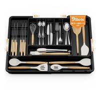 Organizador Cocina Para Cajón, Organizador Cubiertos Extensible Con 6-9 Compartimentos Y 2 Soportes Para Cuchillos, Bandeja Organizadora De Plástico Para Cajones De Cocina, Negro
