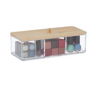 Relaxdays Caja de Almacenamiento cosméti Organizador Maquillaje Tapa Bambú, 3 Compartimentos, Plástico, Almacenaje Goma Cabello, Transparente y Natural, 7,5 x 23 x 9,5 cm Aprox