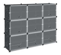 Organizador de almacenamiento de 9 cubos con puertas, estante PP negro | Estructura modular desmontable, separaciones internas incluidas, superficie lixible, polipropileno ligero, uso vestidor o