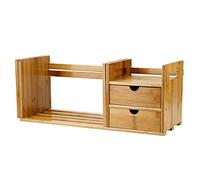 Organizador de almacenamiento de escritorio de bambú con estante extensible para libros, estantería de exhibición y estante de almacenamiento con 2 cajones para uso en escritorio y oficina.