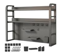 Organizador de almacenamiento de escritorio, pequeño estante de metal negro con ganchos para escritorio de oficina, encimera, solución de almacenamiento versátil de escritorio
