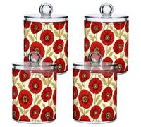 Organizador de almacenamiento de plástico transparente Art Deco con tapa y flores de amapola con tapa, esencial para el baño, tarro de almacenamiento de hilo dental decorativo para hisopos de algodón