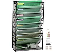 Organizador de archivo de pared de malla de 9 niveles con bandeja plana inferior, vertical de malla media, para colgar en la oficina, revistero, juego