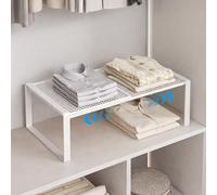 Organizador de armario apilable extensible, sistema de estantería de metal sin taladrar para cocina, baño y zapatero, ahorra espacio y ajustable, color blanco (blanco, longitud: 27-38 cm, ancho: 27 cm