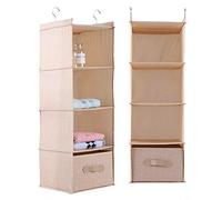 Organizador de armario colgante, soporte para almacenamiento de ropa, 4 estantes con cajón, colgador giratorio resistente, solución almacenamiento que ahorra espacio para el armari (Beige cuatro