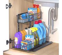 Organizador de armario de 2 niveles, estante para debajo del fregadero, organizador extensible para cocina, organizador de cestas de metal para armario, organizador multiusos para cocina, baño (negro)