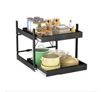 Organizador de Armario Extensible con 2 Niveles, (31,5~56,5 cm de ancho x 42 - 67 cm de profundidad x 40,5 cm de alto), Cajones Extensibles,Cajón Telescópico Autoadhesivo para Cocina,Despensa, Negro