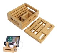 Organizador de bambú para múltiples dispositivos,Soporte móvil con ranuras para AirPods,Tabletas y smartphones,Caja de gestión de cableado,Madera natural,Regalo práctico para escritorio y hogar