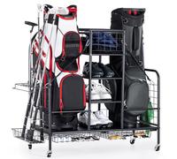Vividwood Organizador de bolsas de golf para garaje, soporte de almacenamiento de bolsas de golf para 2 bolsas de golf, estante de almacenamiento adicional para palos de golf