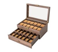Organizador de caja de reloj para hombre, 12 ranuras, con tapa acrílica grande, diseño de 2 capas, incluye cajón, marrón, 34 x 21 x 15 cm