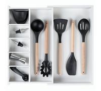 Organizador de cajones de cocina ajustable para utensilios y basura, apto para alimentos, con madera 100% sostenible, expandible de 10.5 a 19 pulgadas de ancho, bambú blanco