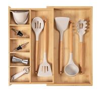 Organizador de cajones de cocina ajustable para utensilios y basura, apto para alimentos, grado contractual con madera 100% sostenible, expandible de 10.5 a 19 pulgadas de ancho, bambú natural