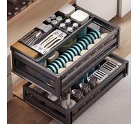 Organizador de cajones extensible para armarios de cocina, estante de platos de 2 niveles hecho de aleación de aluminio con estante extensible y mecanismo de cierre suave, para armarios de cocina