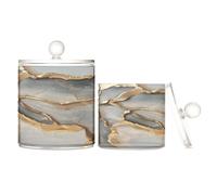 Organizador de caramelos de plástico transparente con tapa, diseño de mármol, gris, beige, contenedores de almacenamiento pequeños decorativos para púas de hilo dental, clips de papel, paquete de 2