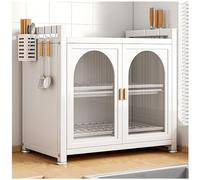 Organizador de cocina con escurridor, estante de secado de platos, aparador de despensa con puertas y estantes de vidrio, soporte de utensilios de metal para taquilla, soporte para copas de vino