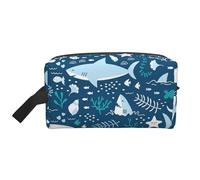 Organizador de cosméticos de Gran Capacidad, Bolsa de Maquillaje de Viaje para Mujer, con diseño de tiburón Sonriente, Animales Marinos, Peces y Estrellas de mar en Azul.