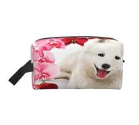 Organizador de cosméticos de Gran Capacidad con diseño de Perro Samoyedo y Flores Rosas, Neceser de Viaje para Mujer