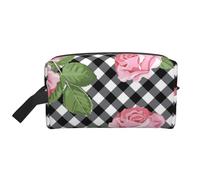 Organizador de cosméticos de Gran Capacidad con Estampado de Rosas a Cuadros Blancos y Negros, Neceser de Viaje para Mujer.