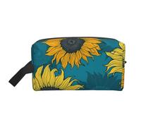 Organizador de cosméticos de Gran Capacidad con Girasoles Amarillos sobre Fondo Azul, Neceser de Viaje para Mujer.