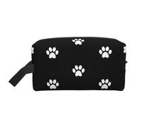 Organizador de cosméticos de Gran Capacidad con Huellas de Perro Blanco sobre Fondo Negro, Neceser de Viaje para Mujer.