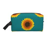 Organizador de cosméticos de Gran Capacidad, Neceser de Viaje con diseño de Girasoles sobre Fondo Verde Azulado.