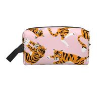 Organizador de cosméticos de Gran Capacidad, Neceser de Viaje para Mujer con diseño de Tigres de Circo sobre Fondo Rosa.