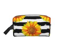Organizador de cosméticos de Gran Capacidad, Neceser de Viaje para Mujer con Girasoles sobre Fondo de Rayas Blancas y Negras.