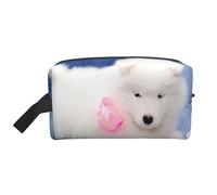 Organizador de cosméticos de Gran Capacidad, Neceser de Viaje para Mujer, diseño de Cachorro de Samoyedo Blanco con Lazo Peludo.