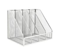 Organizador de cuadernos Archivador de metal con 4 compartimentos de | Soporte de escritorio para carpetas de casa, aula, estudiante, casillero, estantería, biblioteca, tapa de plata