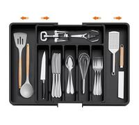 Organizador de Cubiertos, Bandeja para Cubiertos Ajustable en anchura de 34 a 57 cm, Cubertero para Cajón 8 compartimentos, Organizador de Cubertería de Plástico para Cucharas, Tenedores y Cuchillos