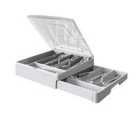 Organizador de cubiertos de doble capa con tapa, bandeja de cubiertos para encimera, bandeja de cubiertos para cajones de cocina con soporte para utensilios de 2 niveles y 9 compartimentos (blanco)