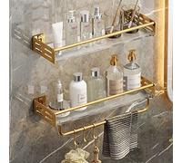 Organizador de ducha de acero inoxidable, estante esquinero de pared de 2 capas para baño y cocina, acabado dorado con gancho y barra para toallas, elegante estante de almacenamiento de cosméticos