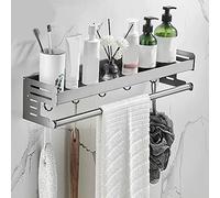 Organizador de ducha de aluminio espacial, estantes flotantes montados en la pared para baño y cocina, organizador de tocador versátil con barra de toalla y ganchos para cosméticos, condimentos y más
