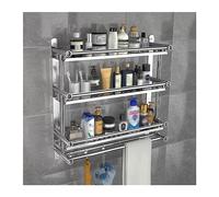 Organizador de ducha - Estante de almacenamiento de baño de acero inoxidable de tres niveles con gancho para toallas para el cuidado de la piel, artículos de tocador y artículos esenciales de baño