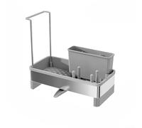 Organizador de encimera de acero inoxidable para fregadero con múltiples compartimentos para almacenar esponja de jabón y utensilios mientras permite que el agua fluya (gris)