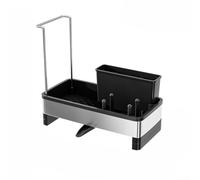 Organizador de encimera de acero inoxidable para fregadero con múltiples compartimentos para almacenar esponja de jabón y utensilios mientras permite que el agua fluya (negro)