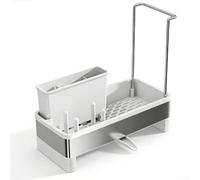 Organizador de encimera de acero inoxidable para fregadero con múltiples compartimentos para almacenar esponja de jabón y utensilios mientras permite que el agua fluya (blanco)