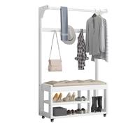 Organizador de entrada 5 en 1 con banco de almacenamiento, zapatero y ganchos, soporte independiente con ruedas para un fácil montaje y movilidad