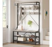Organizador de entrada industrial con banco zapatero - Perchero de 8 ganchos, barra colgante y estante - Estructura de acero, estilo madera - Ideal para recibidor, pasillo o vestíbulo - Color gris