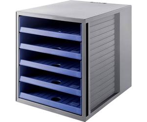 Organizador de escritorio con cajones Han Karma 275 x 320 x 330 mm, tamaño C4, 5 cajones con etiquetas abiertos, color gris claro y azul