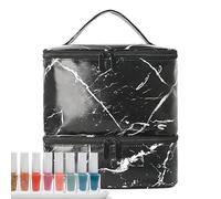 Organizador de esmalte de uñas, gran capacidad, doble capa, con asa y cremallera, bolsa de maquillaje impermeable, adecuada para mujeres que viajan, artistas de maquillaje y profesionales, Negro