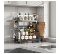 Organizador de especias para encimera, estante de especias de cocina de 2 niveles de alto hecho de acero al carbono, estante grande para especias con diseño de barandilla para gabinete, baño, despensa