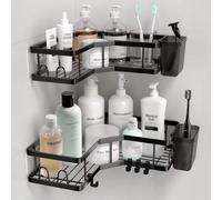 Organizador de estante de ducha esquinero, sin taladro, estantes de baño de acero inoxidable, estante de almacenamiento de ducha negro con soporte para cepillo de dientes ganchos móviles, paquete de 2