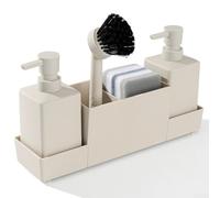 Organizador de fregadero todo en uno con dispensadores de jabón de 350 ml, almacenamiento de esponja, cepillo resistente y bandeja de goteo extraíble para lavar platos eficientemente (beige)