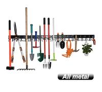 Organizador de herramientas de jardín de metal de 68 pulgadas, organizadores ajustables de pared de garaje y almacenamiento, soporte de montaje en pared resistente con ganchos para escoba, rastrillo,