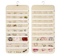 Organizador de joyas colgante de doble cara con cremallera para aretes, soporte de bolsillo con 66 bolsillos, organizador accesorios para pared, armario, collar para pulsera, reloj, cadena